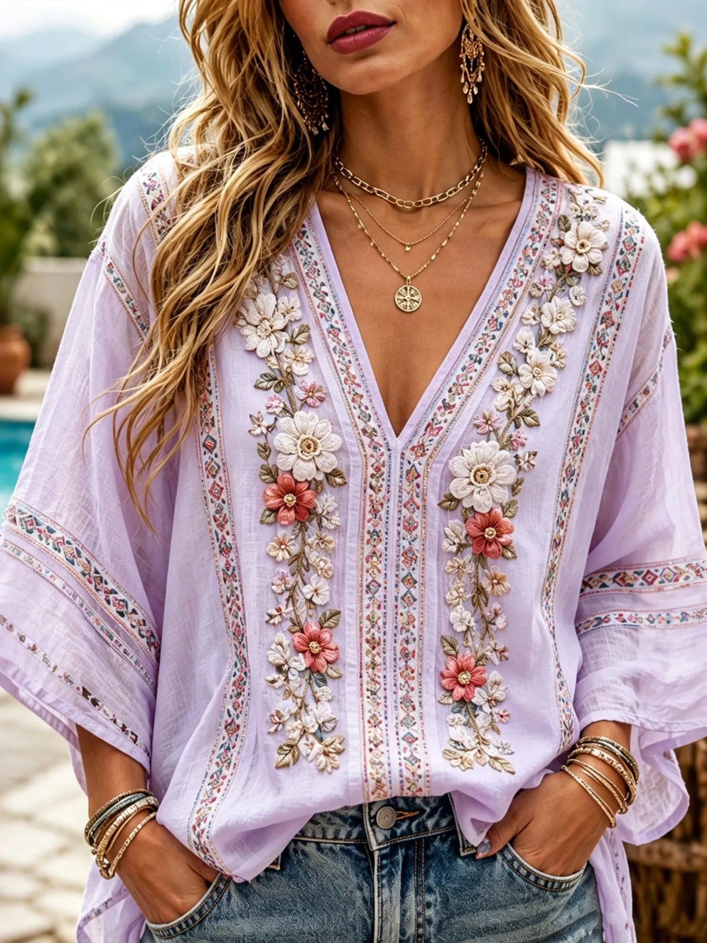 Women's Bohemian Resort Floral Lace Print V-neck Cotton Linen Top
