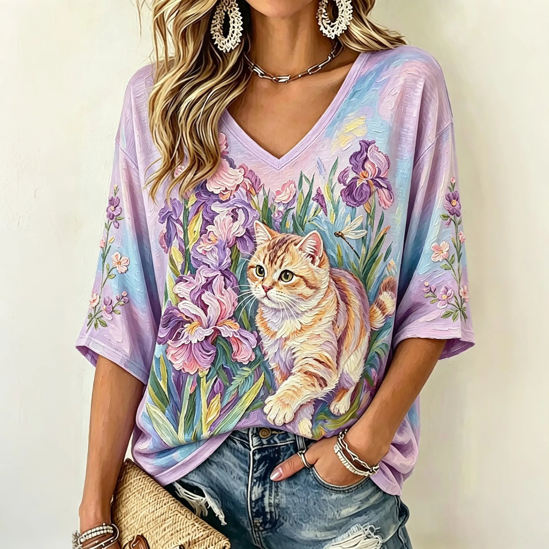 Women's Cat Among Flowers Oil Painting Print Linen Blend T-shirt