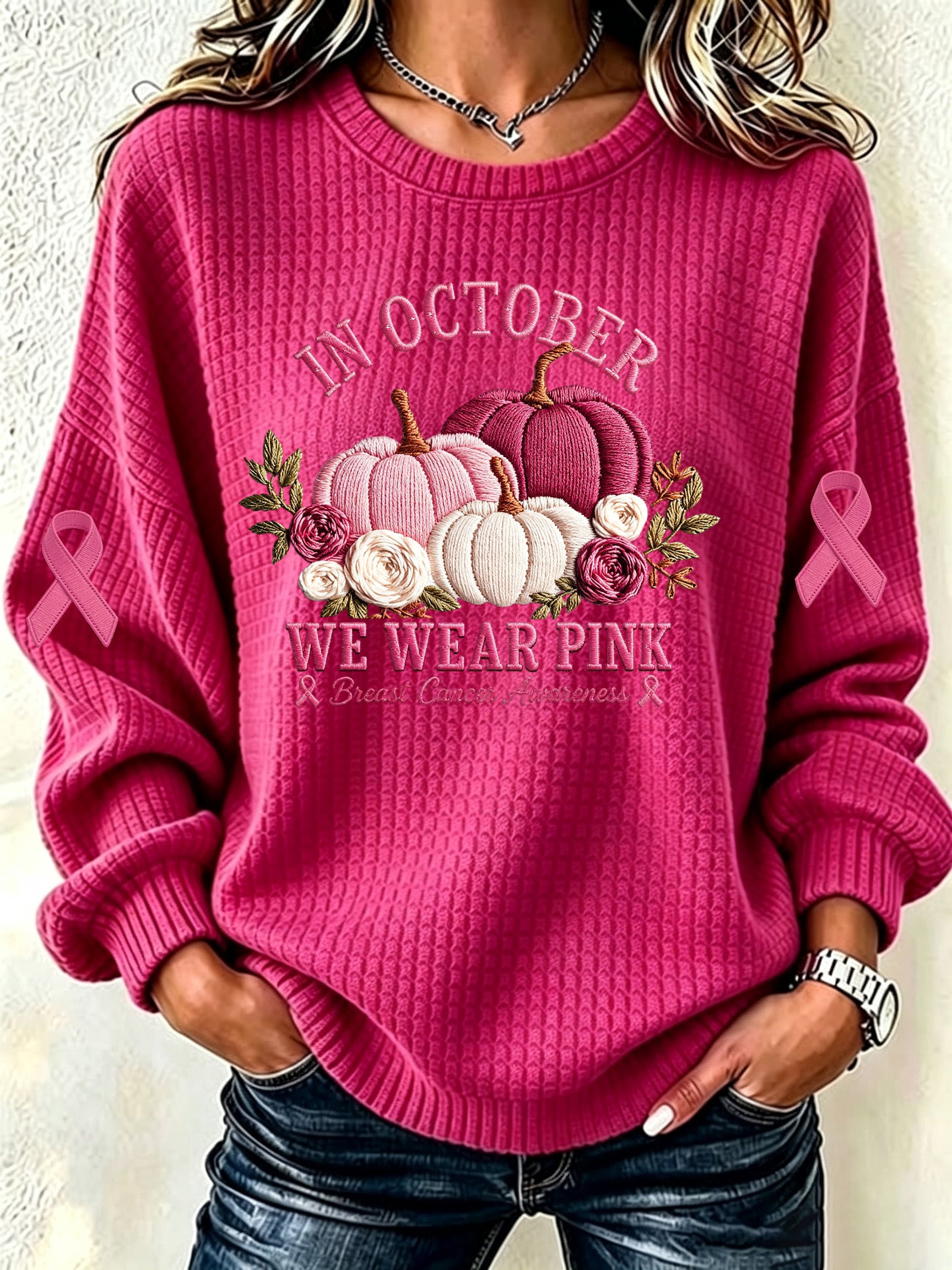 Women'S Waffle Pink Pumpkin Round Neck Checkered Sports Shirt