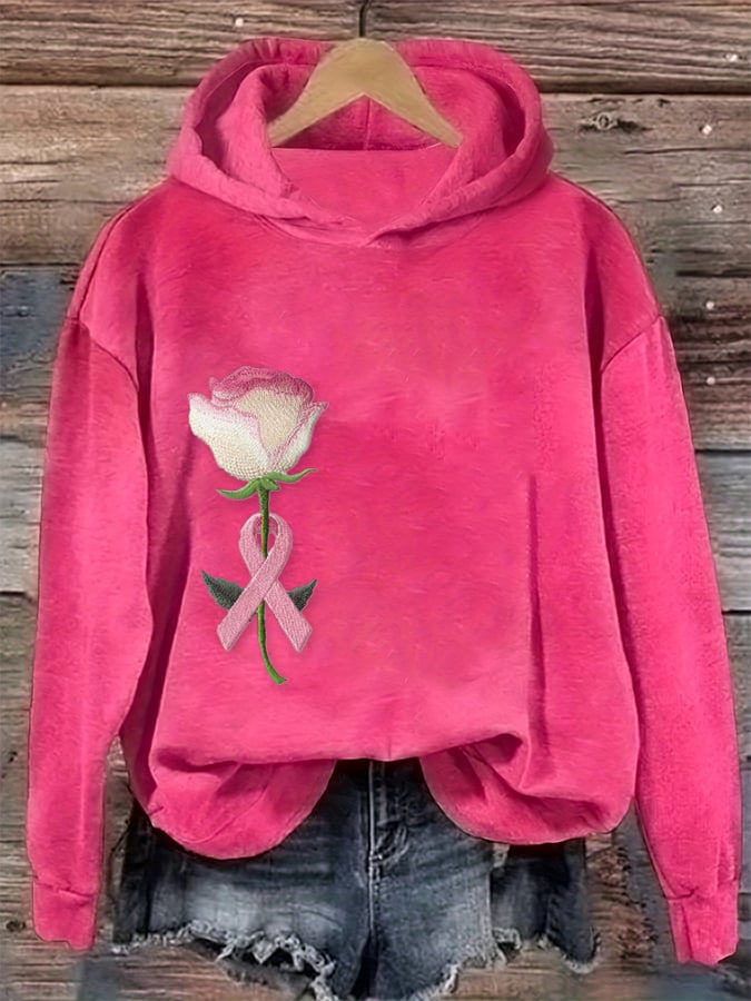Women's Pink Breast Cancer Floral Print Hoodie