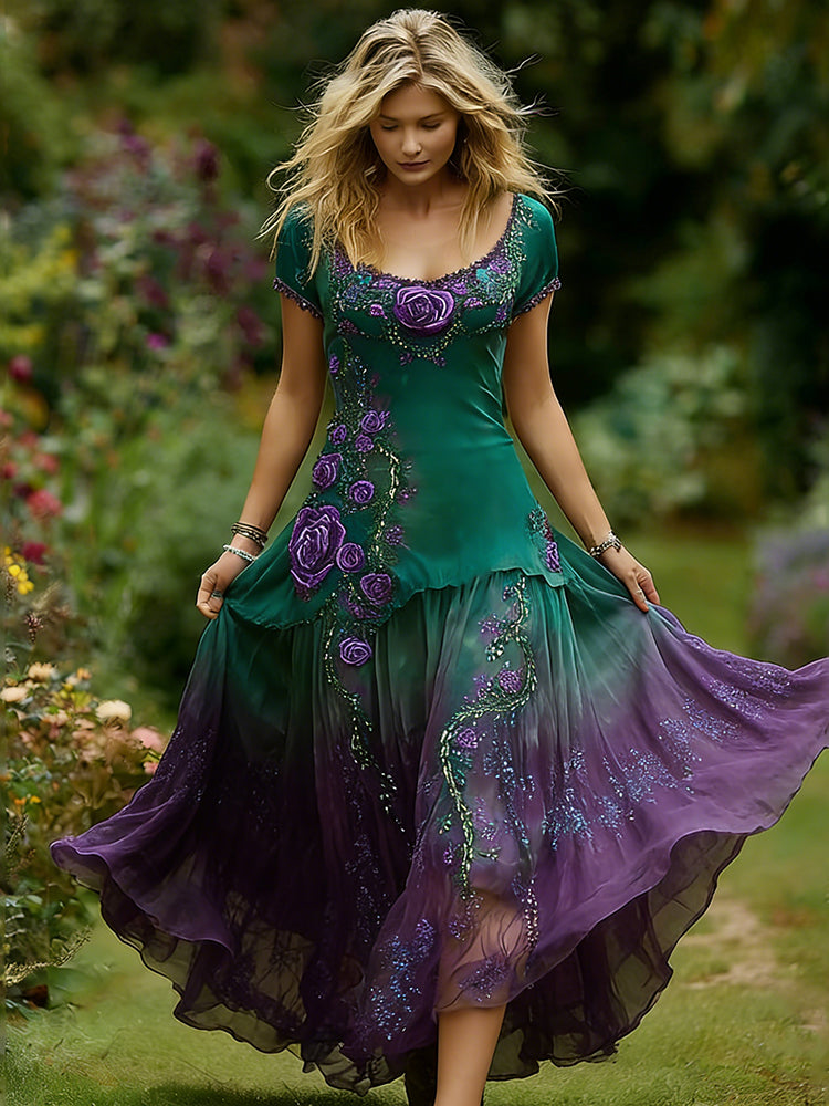 Women's Vintage Purple Rose-patterned Casual Crew-neck Dress