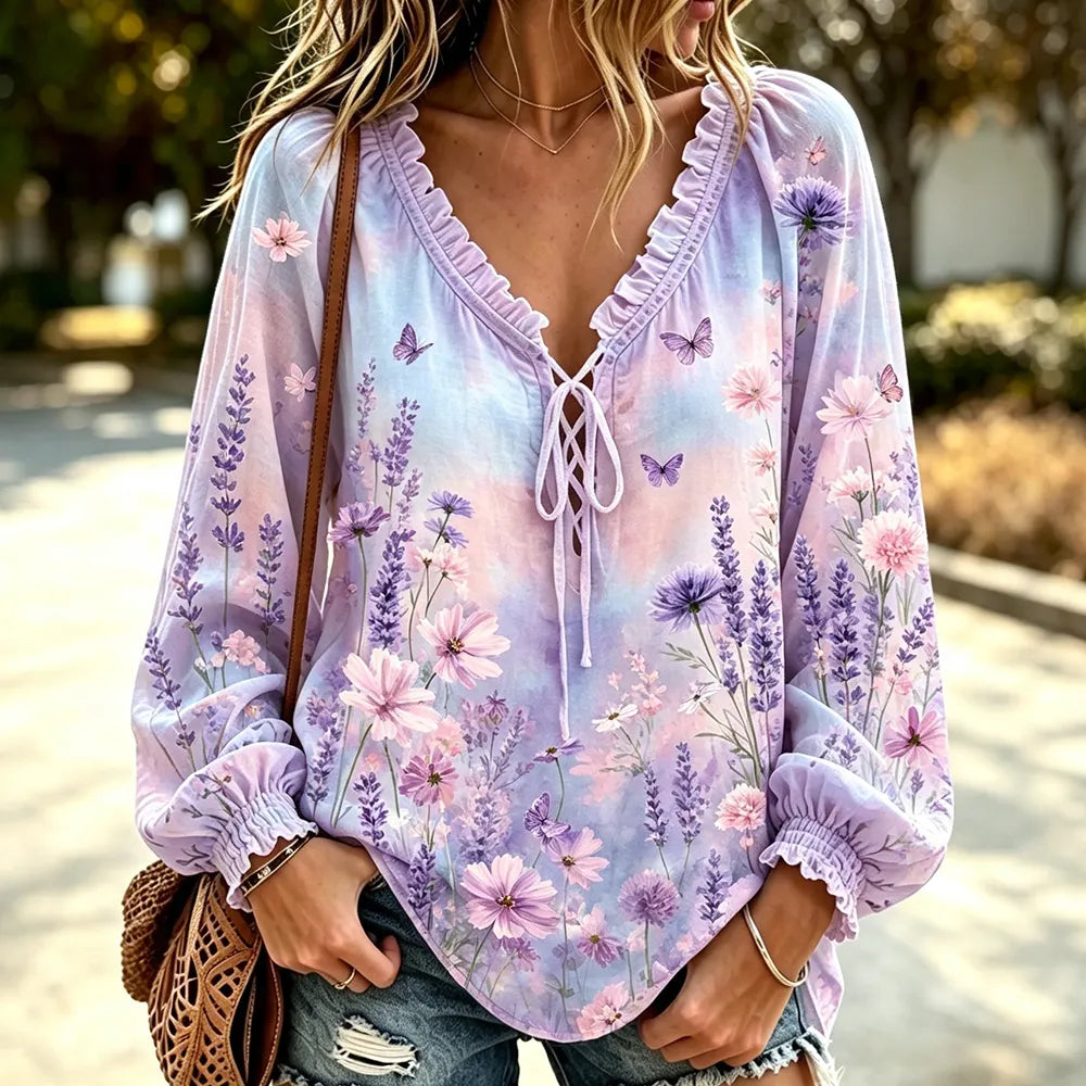 Women's Boho V-neck Blouse - Lavender Flowers, Daisies And Small Butterflies Print Ruffle Long Sleeve Top