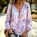 Women's Boho V-neck Blouse - Lavender Flowers, Daisies And Small Butterflies Print Ruffle Long Sleeve Top