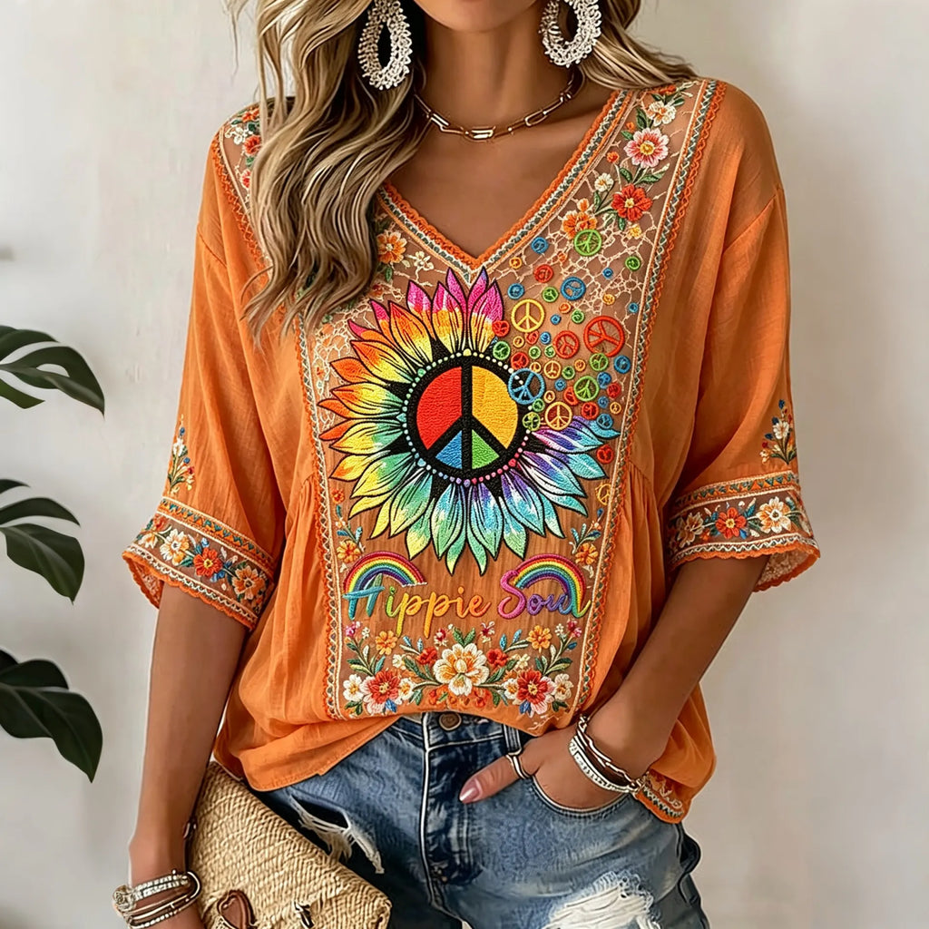 Women's Retro Hippie Peace Floral Patchwork Casual Mid-sleeve T-shirt