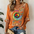 Women's Retro Hippie Peace Floral Patchwork Casual Mid-sleeve T-shirt