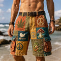 Men's Hippie Patchwork Peace Sign Frog Guitar Art Print Casual Shorts
