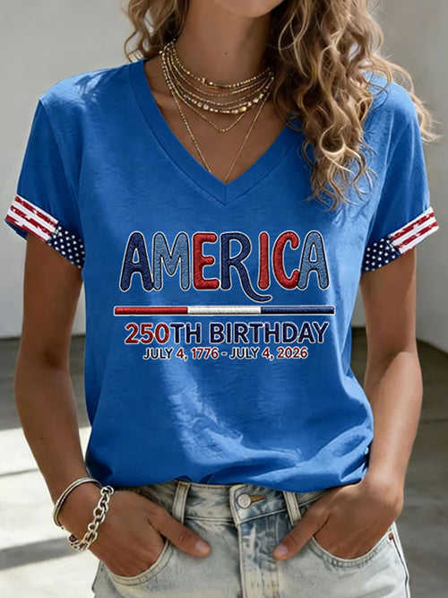 250th Anniversary American Embroidery Commemorative V-neck Short sleeved T-shirt