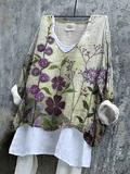 Women's Floral Embroidered Linen V-Neck Comfortable Linen Shirt(Does not include lining)