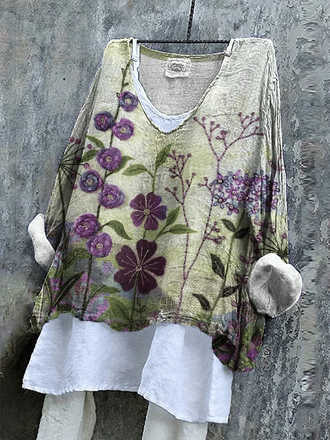 Women's Floral Embroidered Linen V-Neck Comfortable Linen Shirt(Does not include lining)