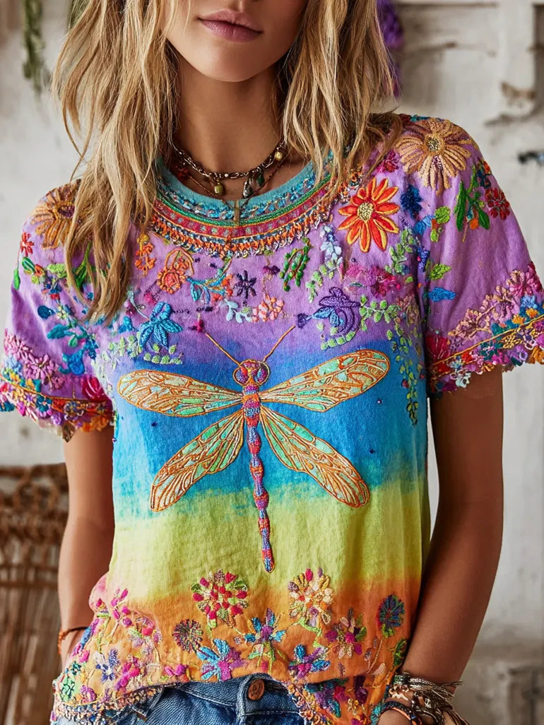 Women's Hippie Peace Floral Dragonfly Tie Dye Linen Blend Round Neck T-shirt