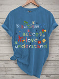 Women's Accept Love Understand Autism Awareness Printed Short-Sleeved T-Shirt