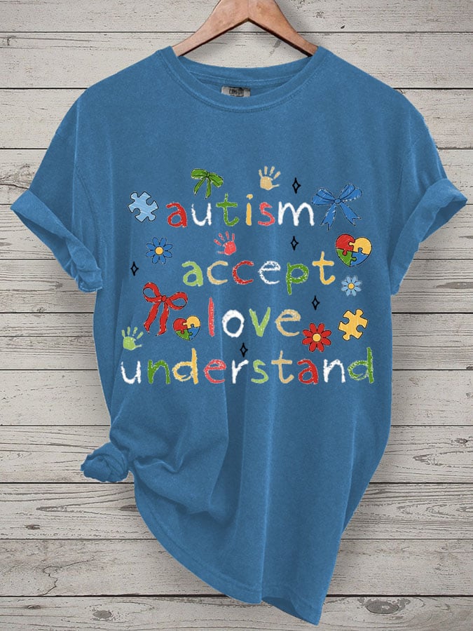 Women's Accept Love Understand Autism Awareness Printed Short-Sleeved T-Shirt