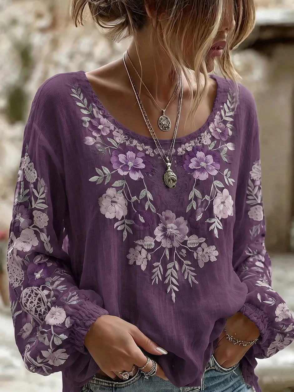 Women's Retro Bohemian Floral Pattern Long Sleeve Linen Blend T-shirt