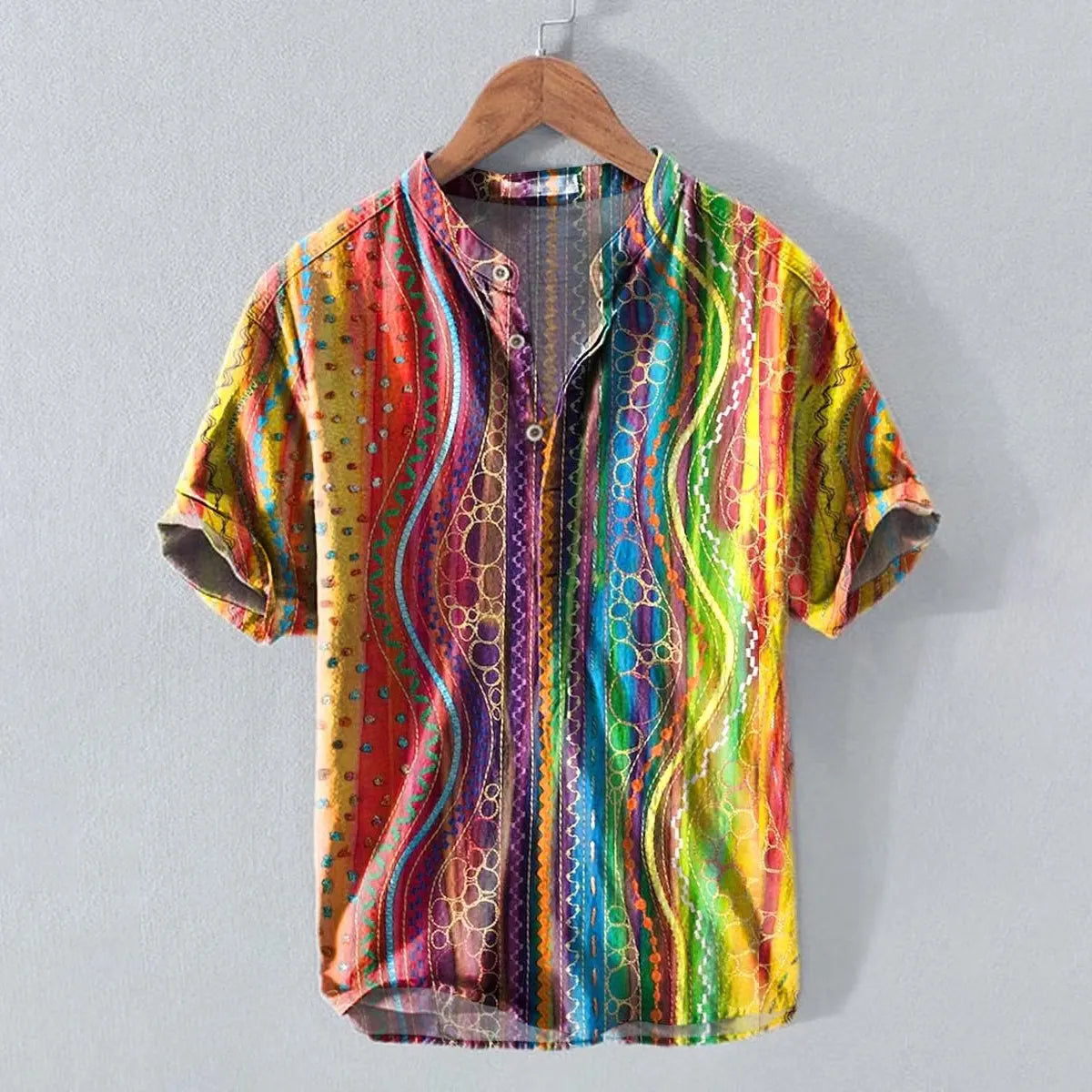 Men's Retro Gradient Stripes Linen Blend Short-sleeve Shirt