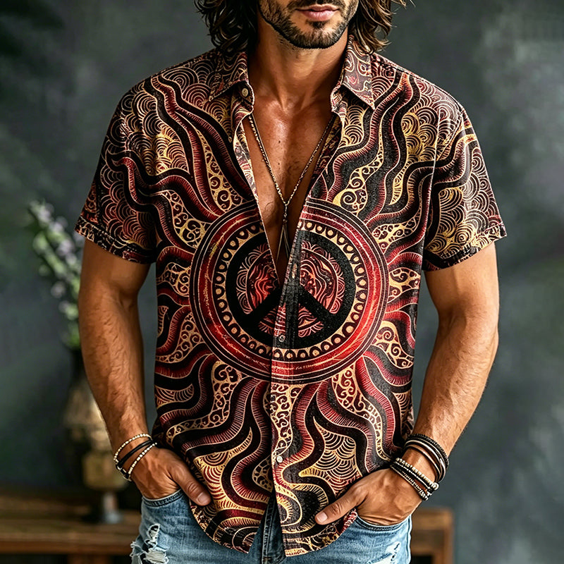 Men's Hippie Art Peace Sign Print Casual Short Sleeve Shirt