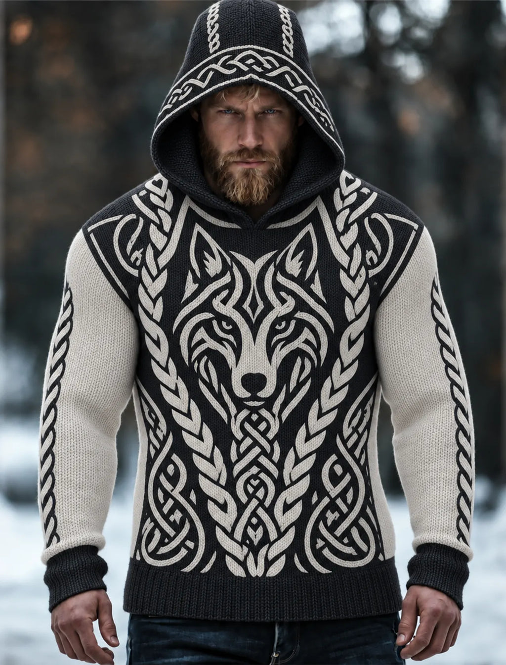 Men's Viking Tribal Wolf Celtic Inspired Printed Chunky Knit Hooded Sweater