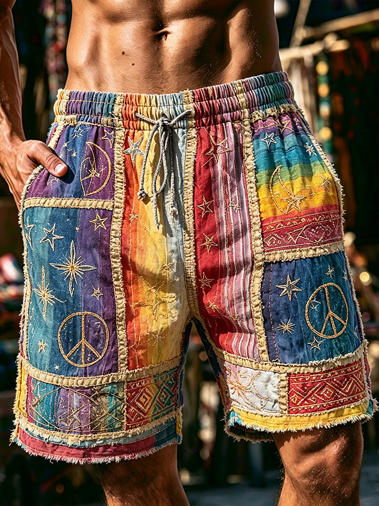 Men Rainbow Patchwork Peace Symbol Star Moon Hippie Shorts