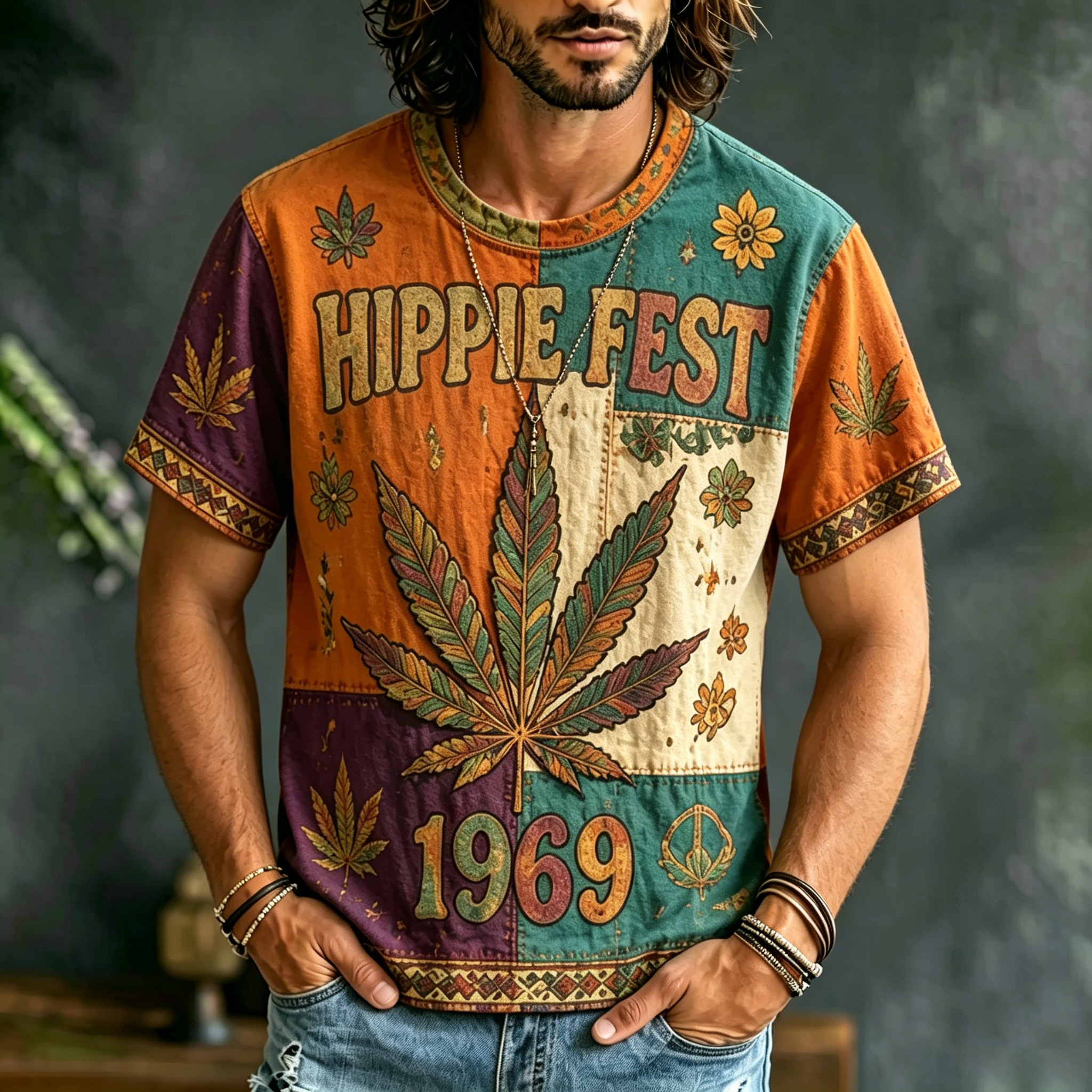 Men's Retro Hippie Ethnic Floral Music Festival Design Short-sleeve Shirt