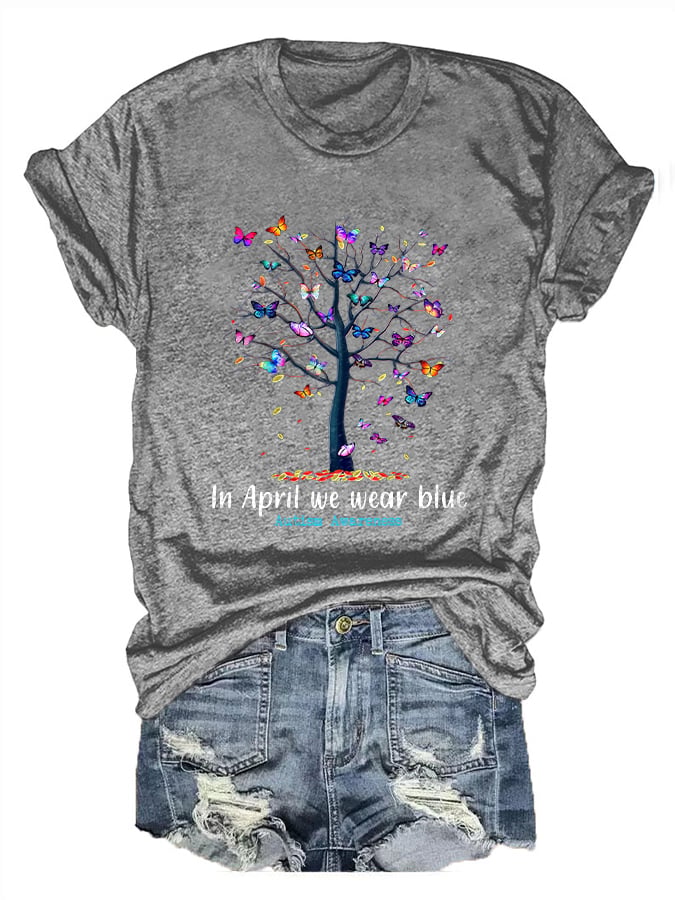 Butterfly Tree Autism Awareness In April We Wear Blue Print T-Shirt