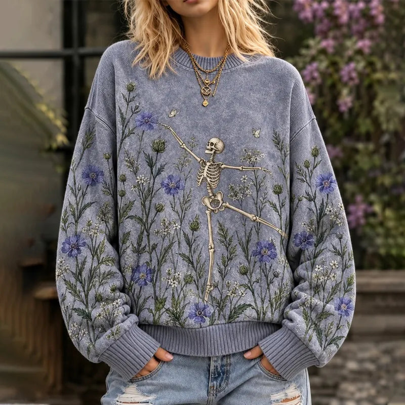 Women's Halloween Skeleton Dancing In The Flower Field Printed Sweater