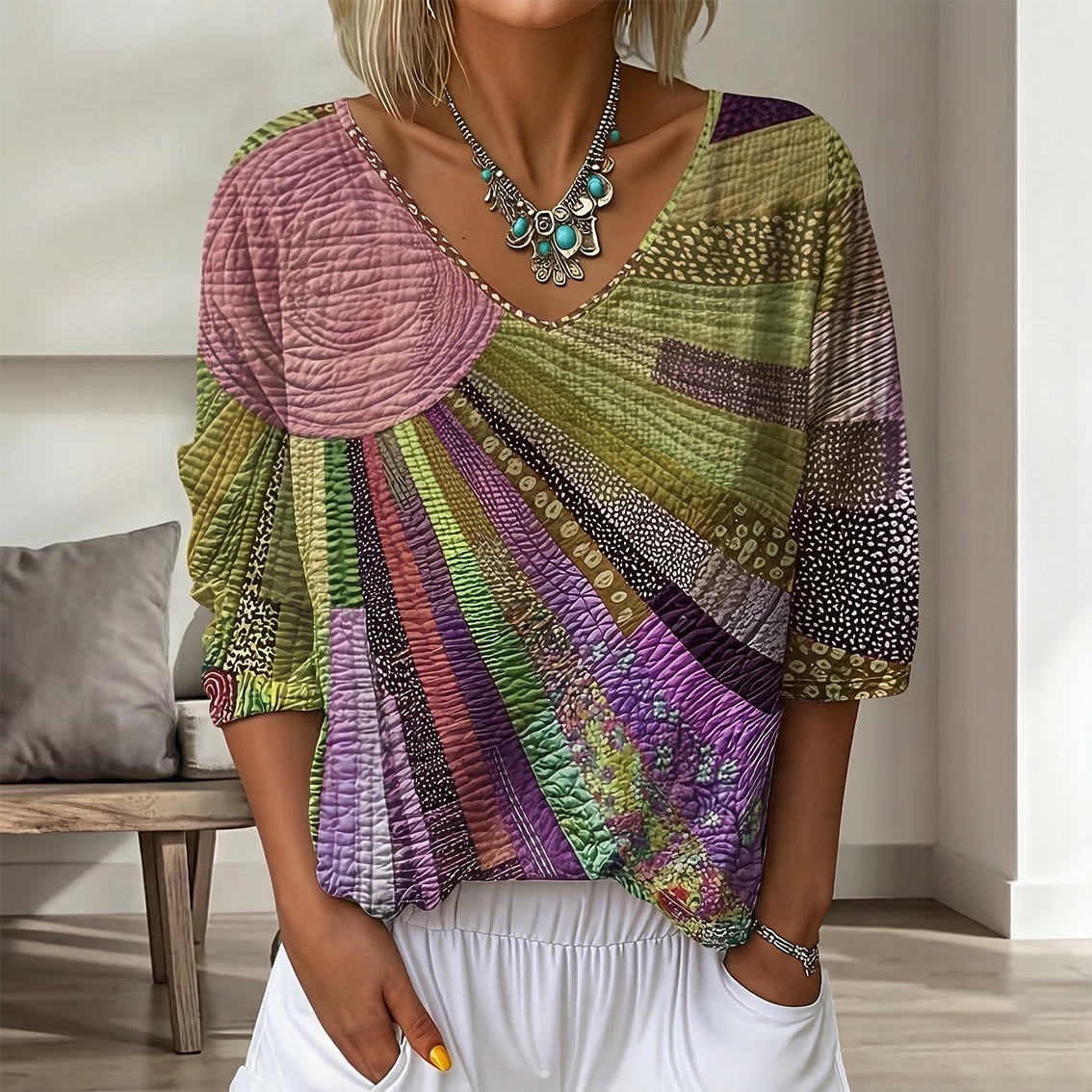 Women's Vintage Floral In Gradient Art Print Flowy Linen Blend  Three-quarter Sleeve V Neck Linen Tops