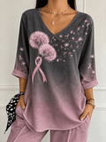 Women's Dandelion & Pink Ribbon Art Pattern Cotton Linen Comfortable V-Neck T-Shirt