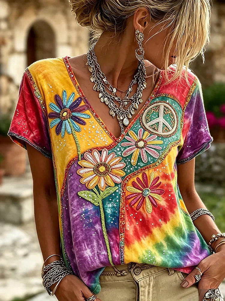 Women's Vintage Hippie Floral Art Print V Neck Linen Blend Short Sleeve Tops