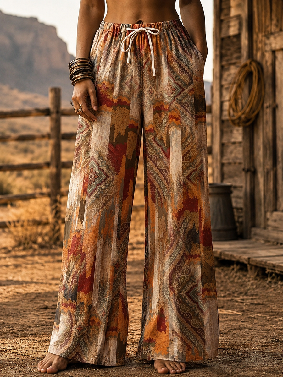 Women's Vintage Geometric Print Drawstring High Waist Western Pants