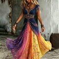 Women's Ethnic Floral Gradient Pattern Comfortable Round Neck Dress