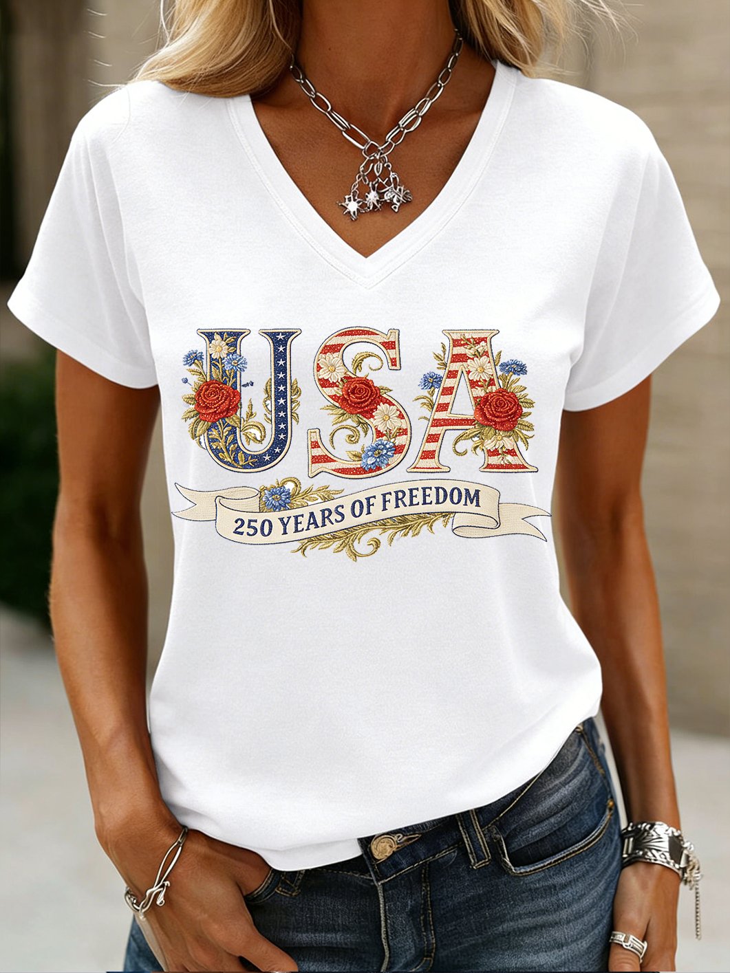 Women's 250th Anniversary Of The United States Printed V-Neck Top