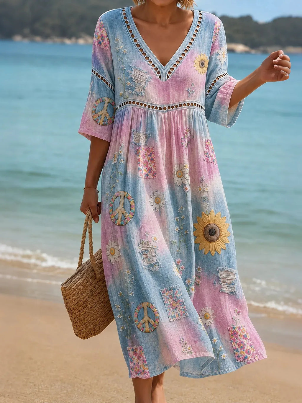 Women's Vintage Hippie Floral Pattern Linen Blend V Neck Midi Dress
