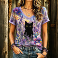 Women's Black Cat Art Print With Purple Flowers Alzheimer's Awareness T-shirt