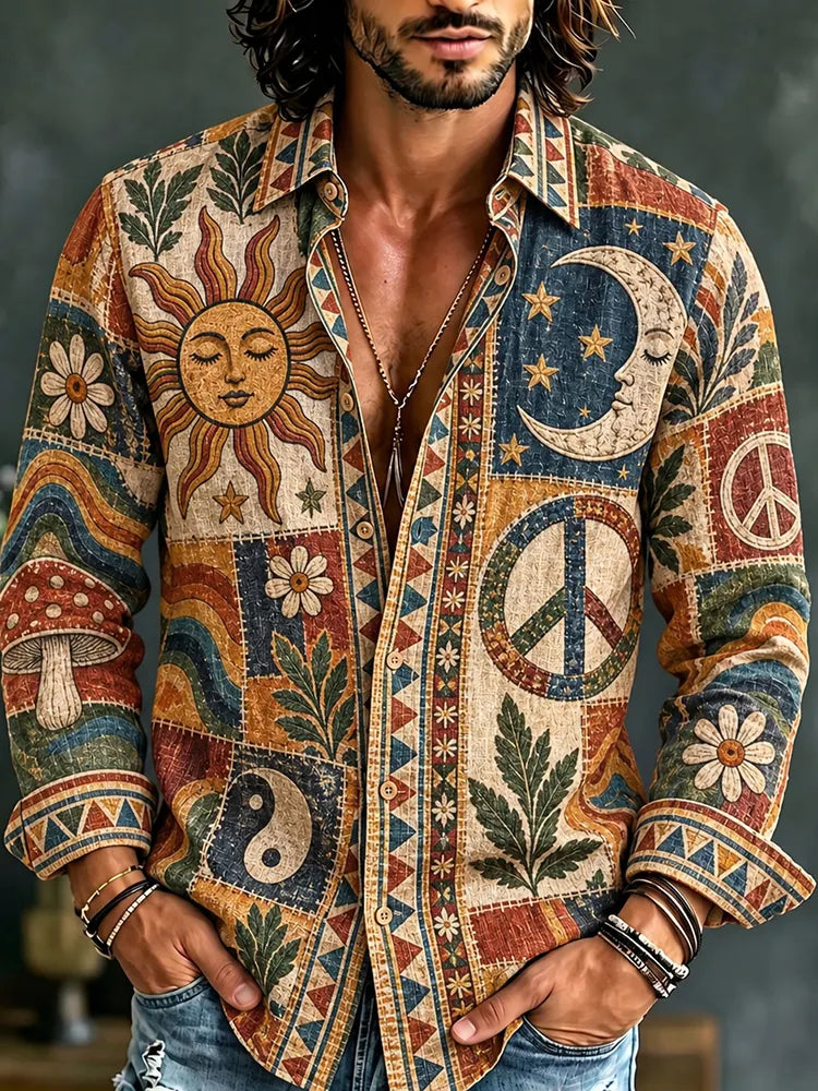 Men's Retro Hippie Patchwork Art Print Long Sleeve Shirt
