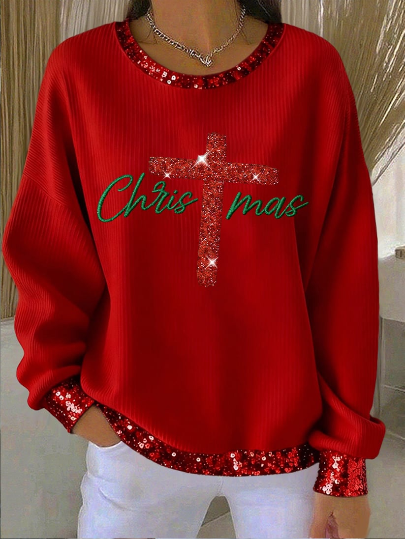 Women's Merry Christmas Print Round Neck Sweatshirt