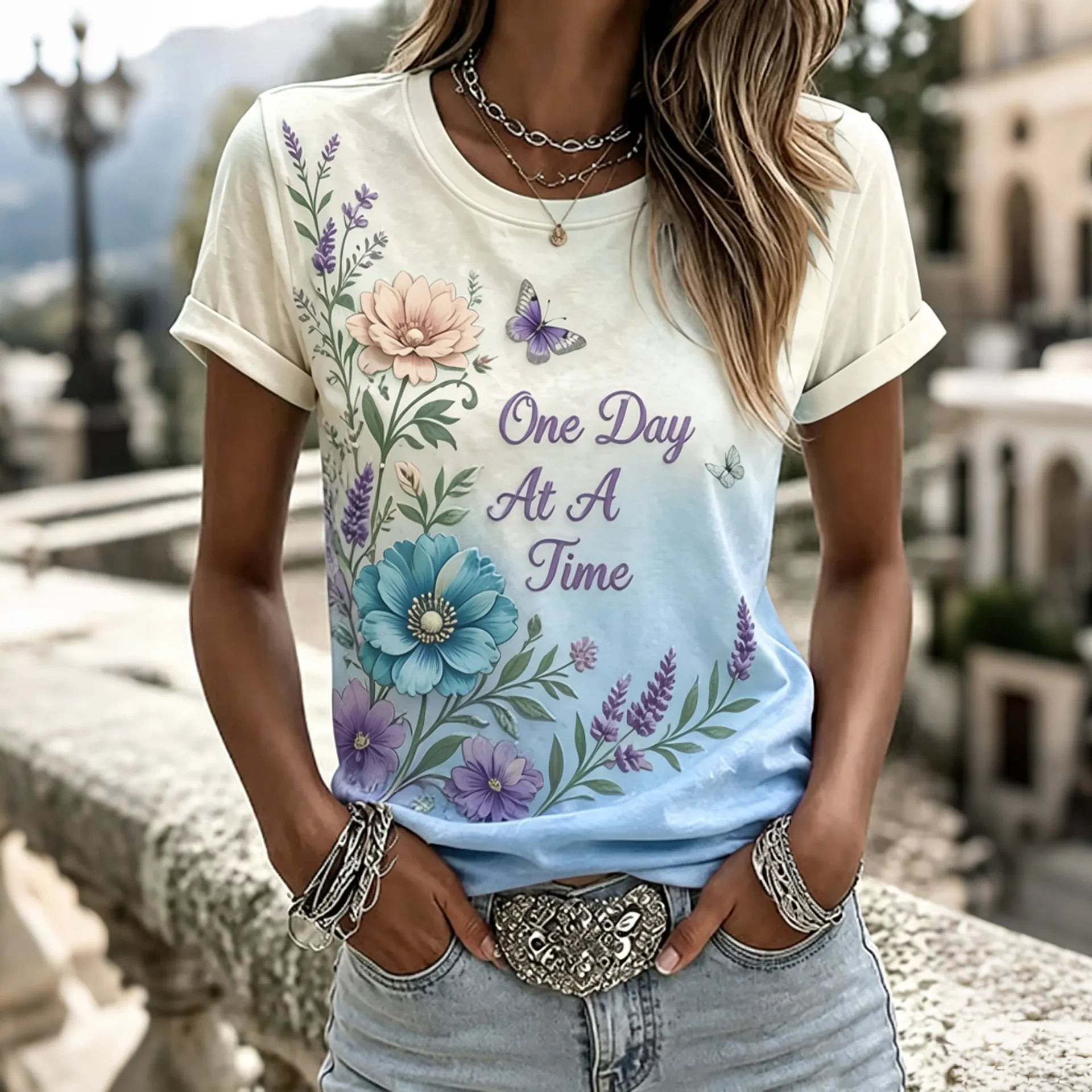 Women's Purple Floral Hummingbird Print Alzheimer's Disease Awareness Casual   T-shirt