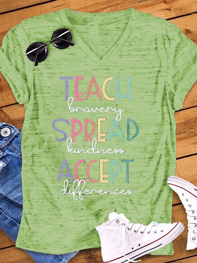Women's Autism Awareness In April We Wear Blue Autism Month Printed Short Sleeve V-neck T-shirt