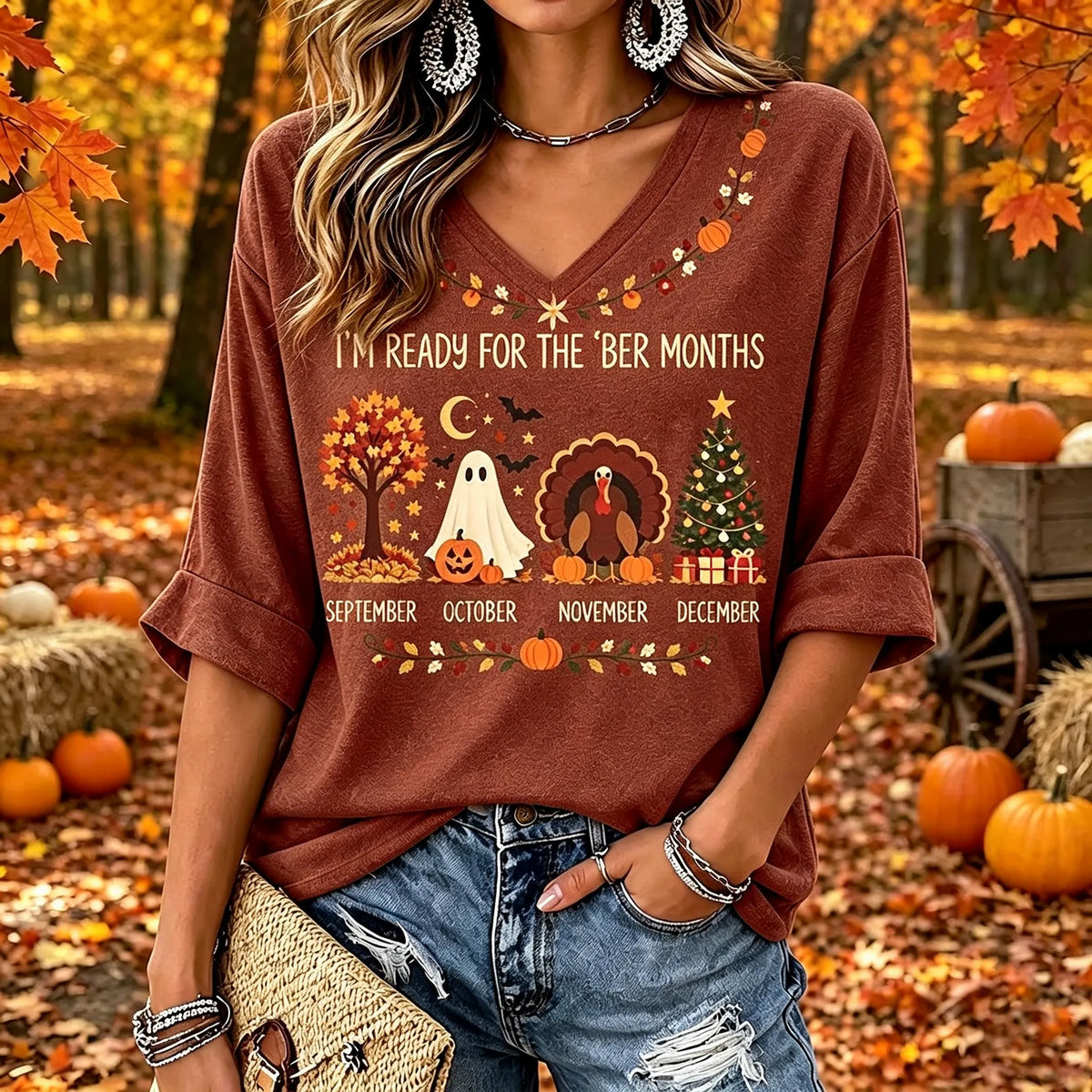 Women's Retro Autumn Casual V-neck T-shirt