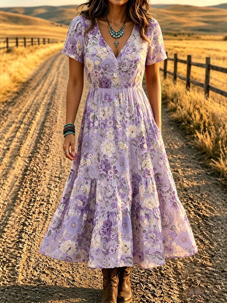 Women'S Western Style V-Neck Short Sleeved Floral Pattern Dress