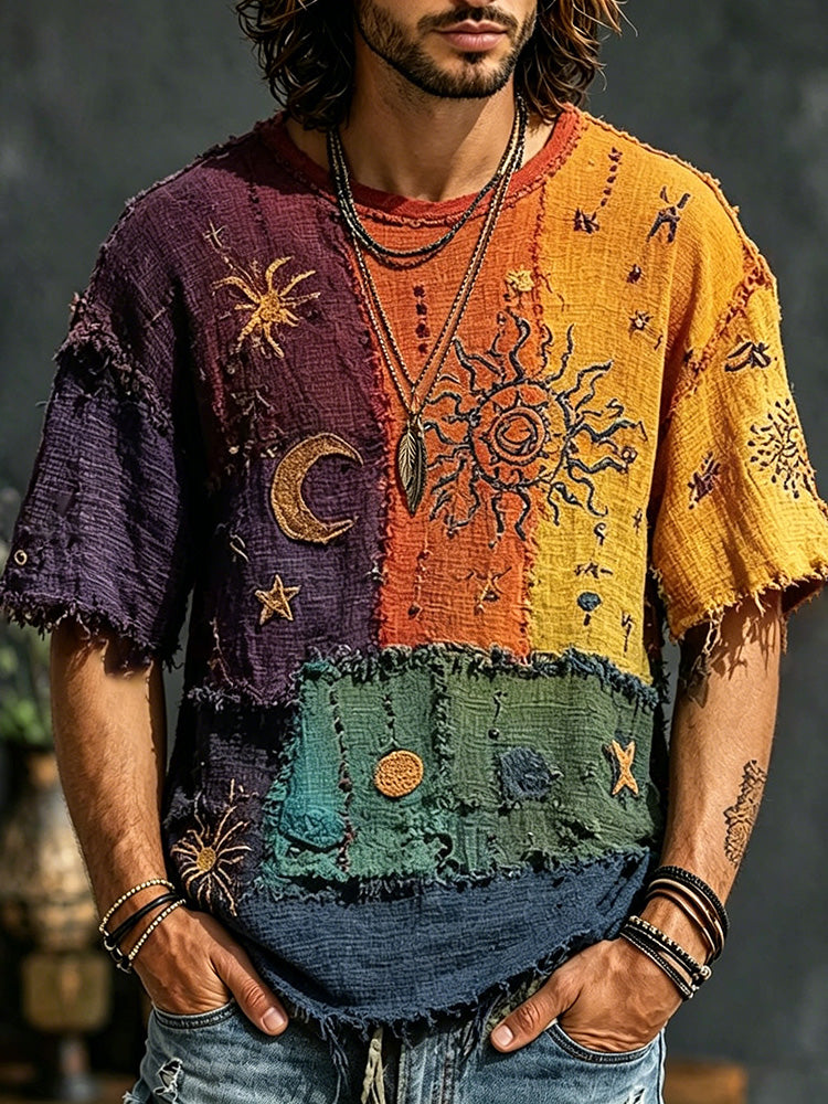 Men's Hippie Patchwork Sun Moon Elements Print T-shirt