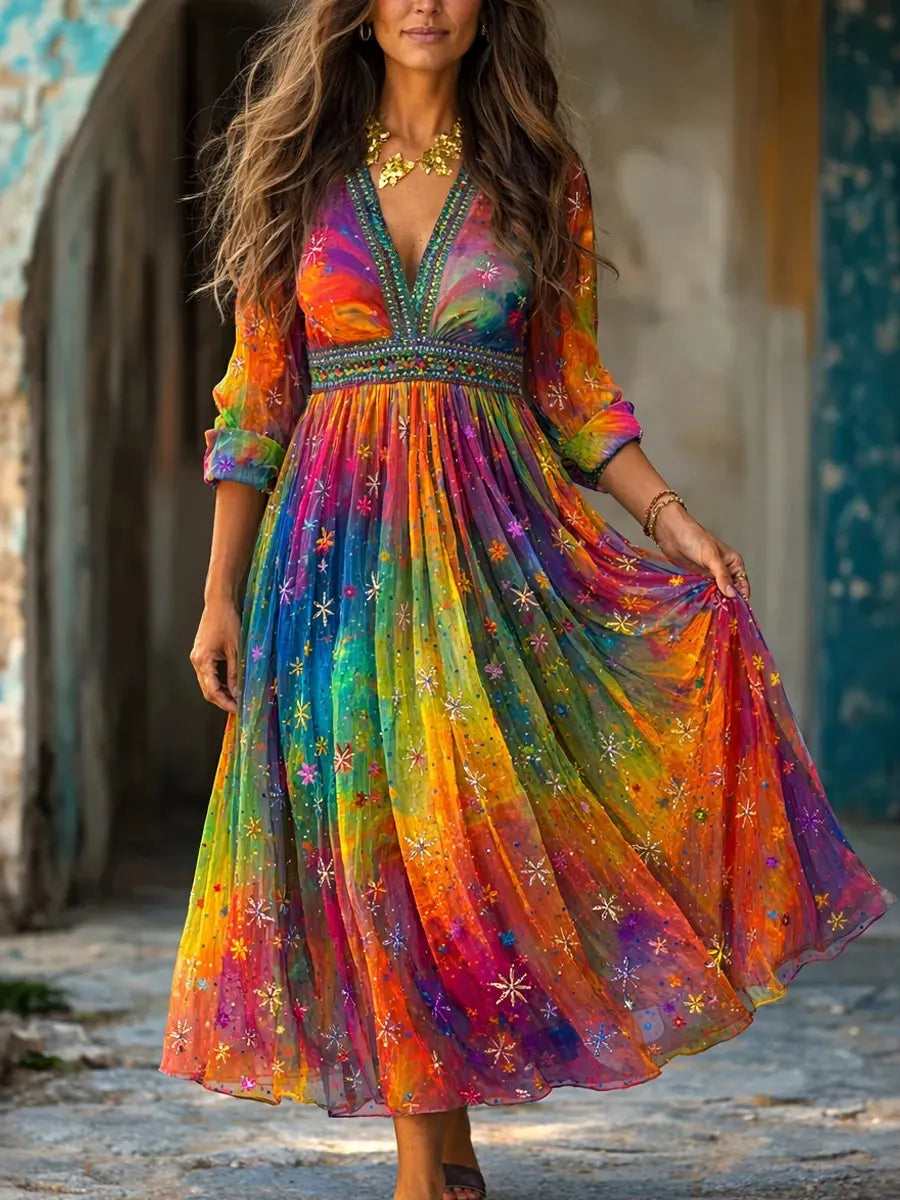 Women's Tie-dye Star Print V-neck Maxi Dress