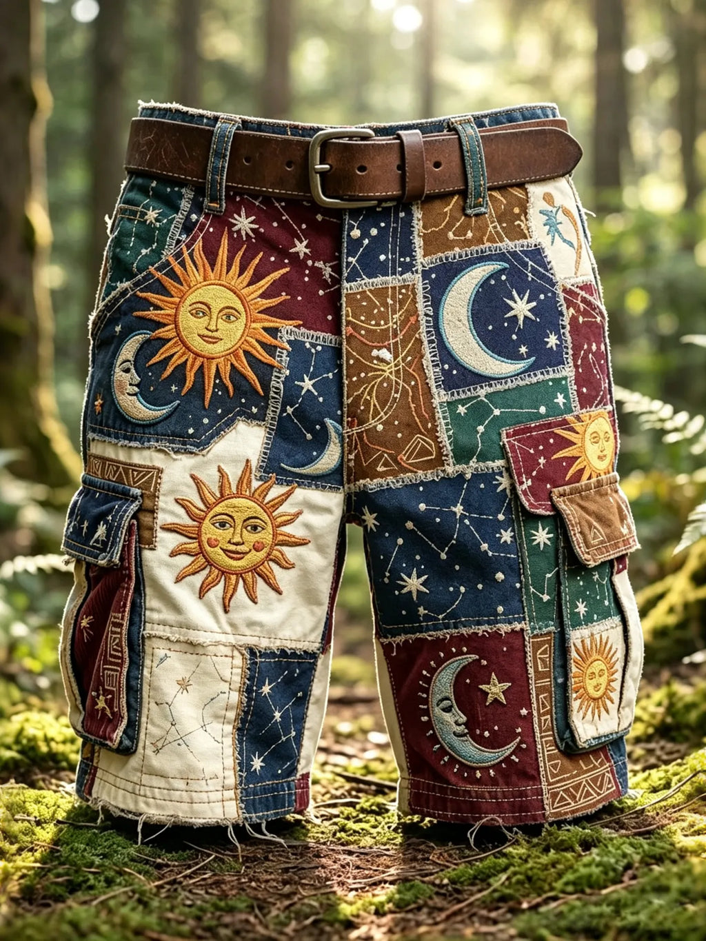 Men's Retro Hippie Sun, Moon And Stars Color Block Multi-pocket Shorts
