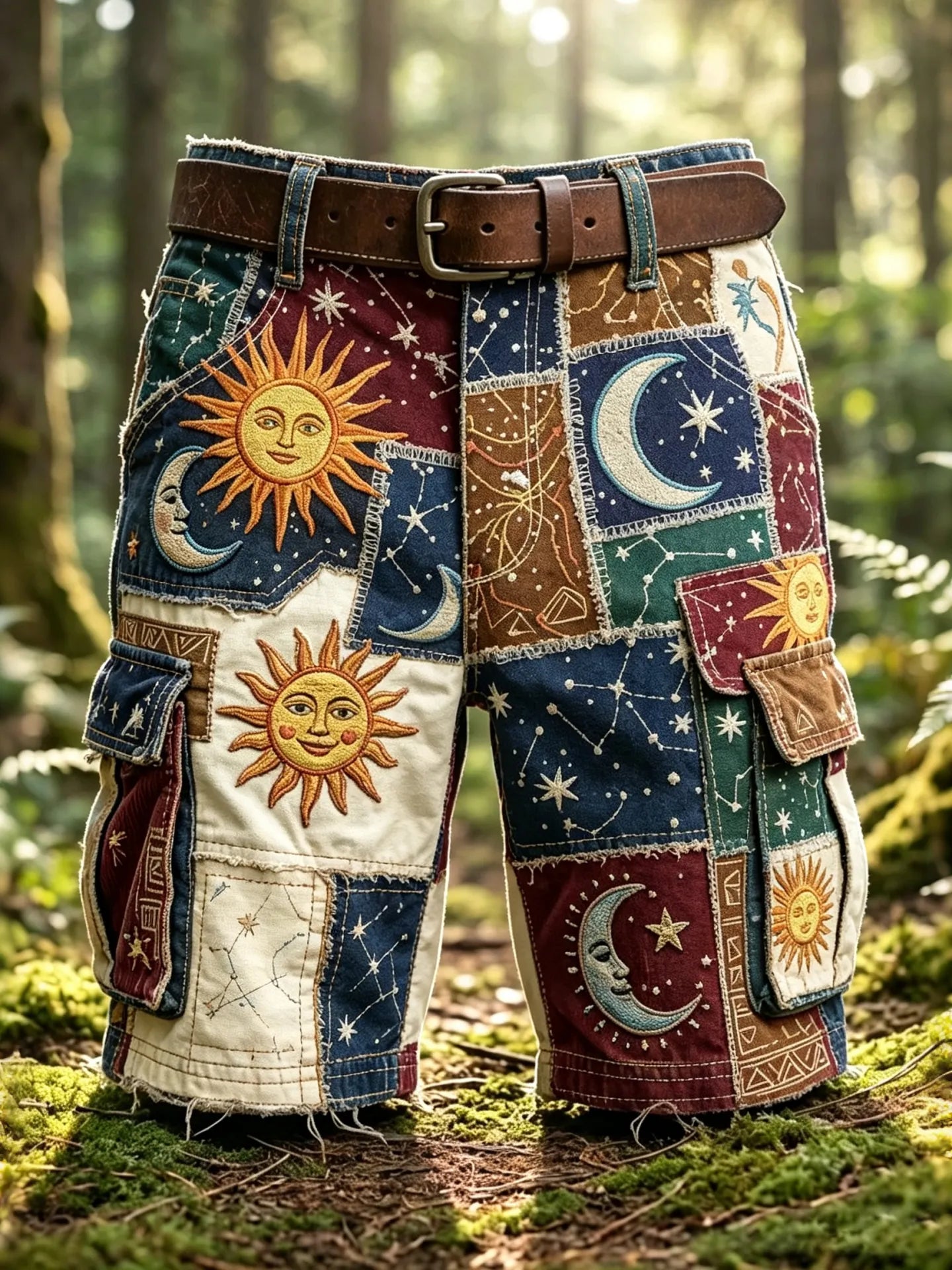 Men's Retro Hippie Sun, Moon And Stars Color Block Multi-pocket Shorts