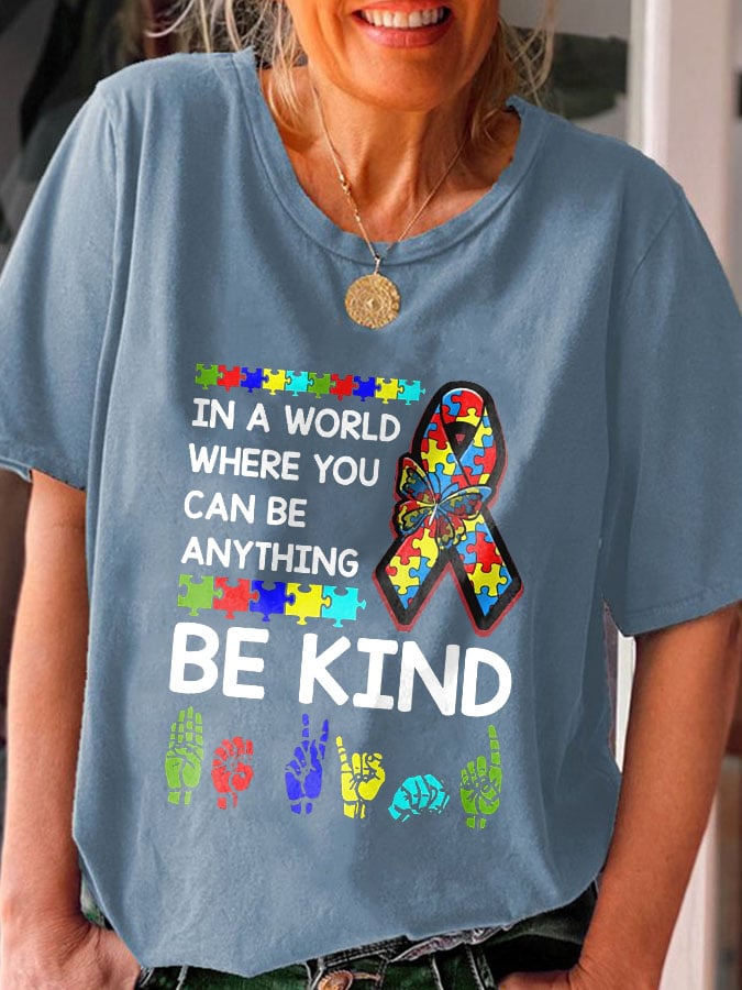 Vintage Autism Awareness In A World Where You Can Be Anything Be Kind Print T-Shirt