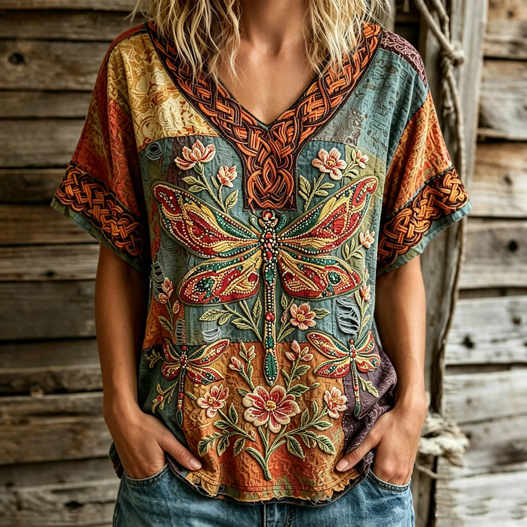 Women's Retro Bohemian Hippie Style Floral And Dragonfly Embroidered V-neck Top