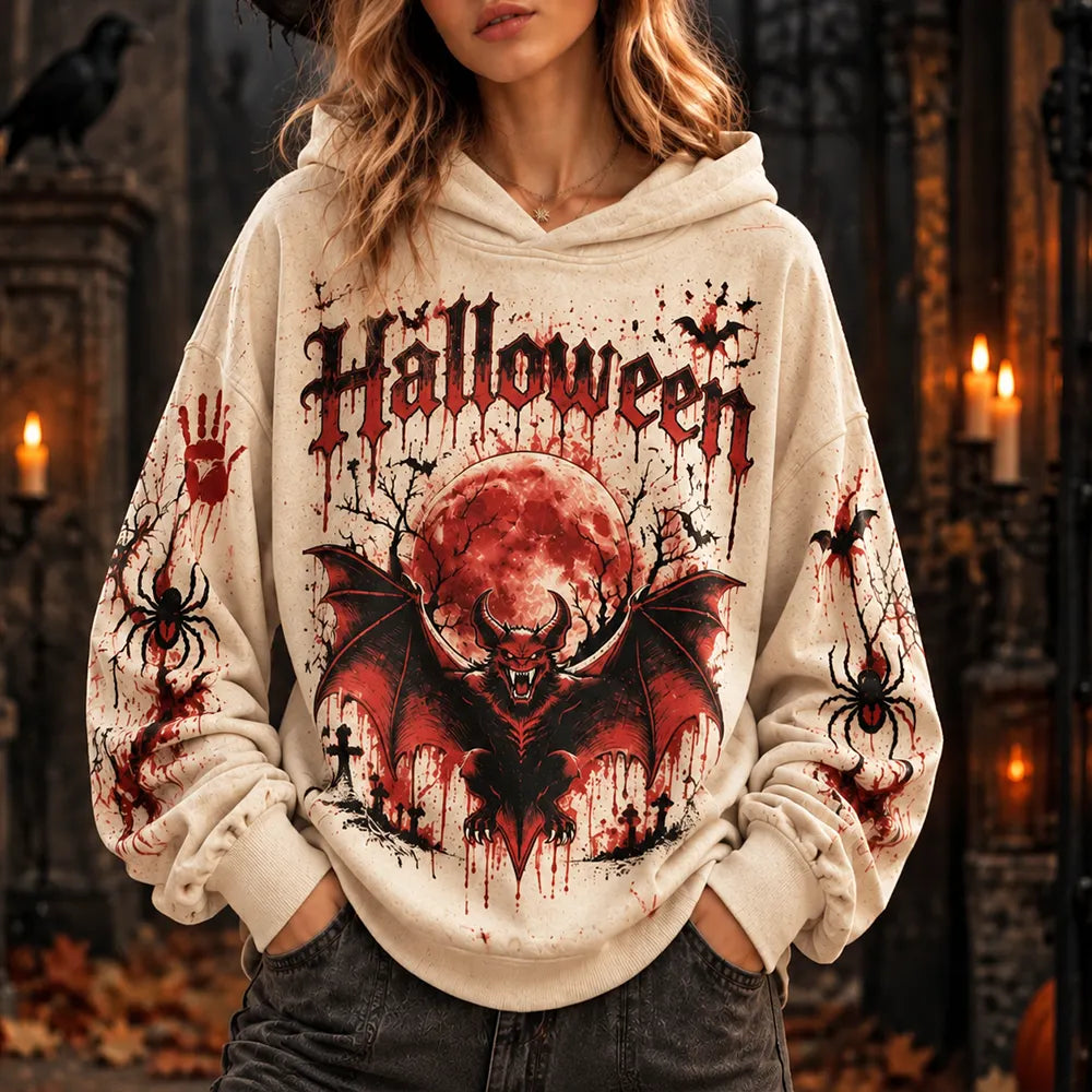 Women's Halloween Red Demon Bat & Blood Splatter Graphic Hoodie