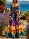 Women's Hippie Peace Sign Flowers Tie Dye Print Sleeveless Dress
