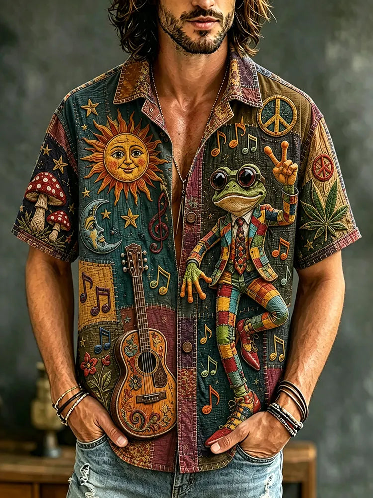 Men's Boho Frog Music Patchwork Psychedelic Peace & Sun Moon Art Print Casual Shirt