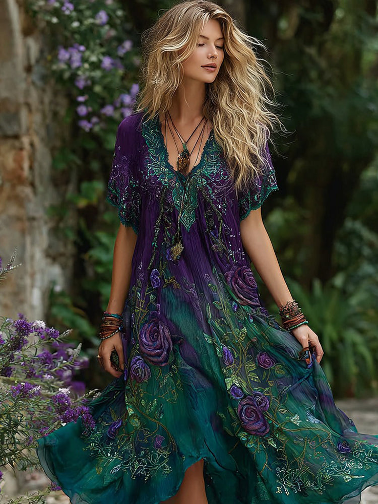 Women's Retro Purple Rose Pattern Casual Short-sleeve V-neck Dress