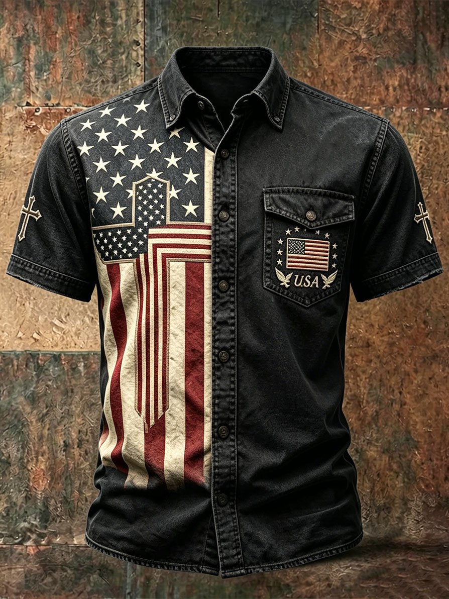 Men's Retro Short-Sleeve Shirt with USA 250th Anniversary Print
