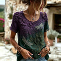 Women's Retro Purple Rose And Dragonfly Embroidery Pattern Casual Round Neck T-shirt